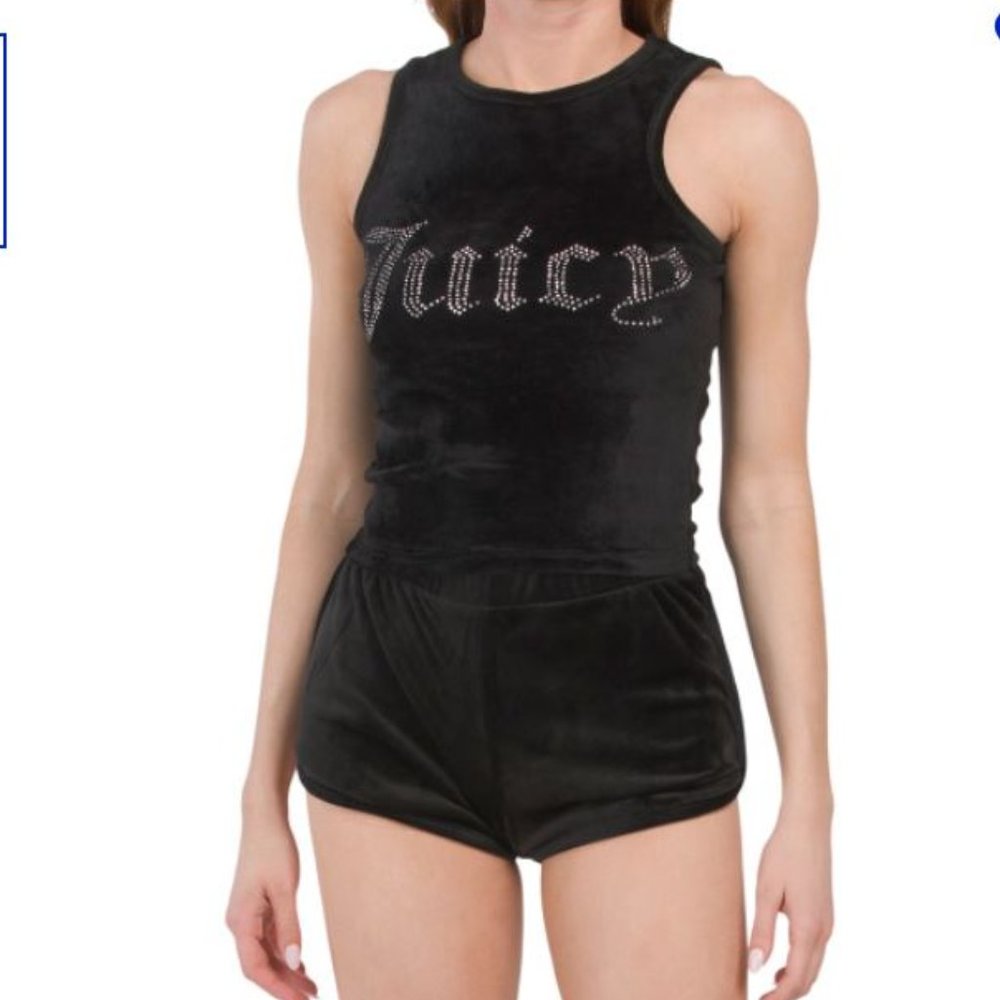 NWT Velvet Fleece Tank And Shorts Black Set With Rhinestones.